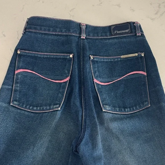 Vintage 70s Pentimento Women's Straight Leg Jeans in Dark Blue and Pink Stiching - Picture 2 of 11